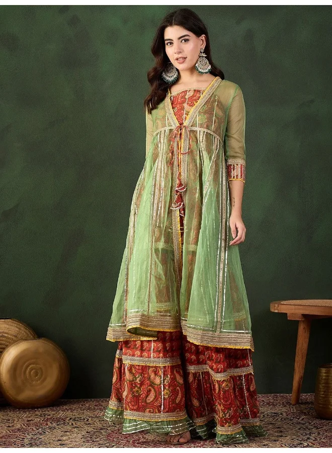 AKS Red Kurta And Sharara With Green Organza Jacket