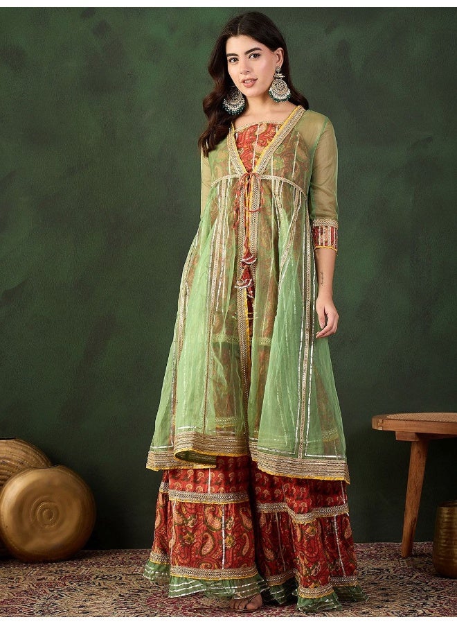 AKS Red Kurta And Sharara With Green Organza Jacket - Image 3