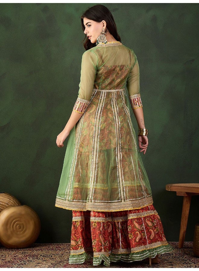 AKS Red Kurta And Sharara With Green Organza Jacket - Image 5