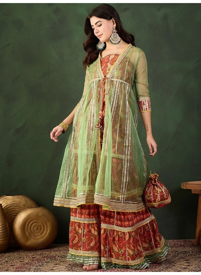 AKS Red Kurta And Sharara With Green Organza Jacket