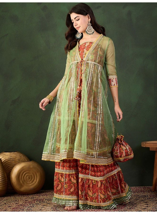 AKS Red Kurta And Sharara With Green Organza Jacket - Image 1