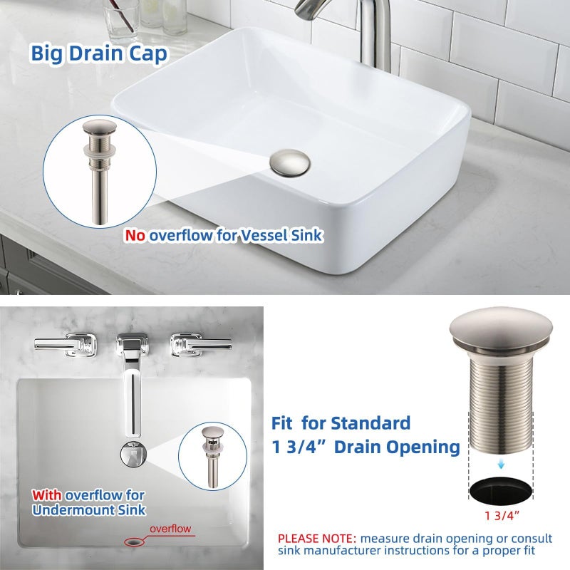 Yodel Faucet Vessel Sink Drain Without Overflow - Bathroom Sink Drain Stopper - Pop Up Drain All Metal - Big Cap Fit For Vessel Or Undermount Sink Brushed Nickel Ydpop-1 - Image 4