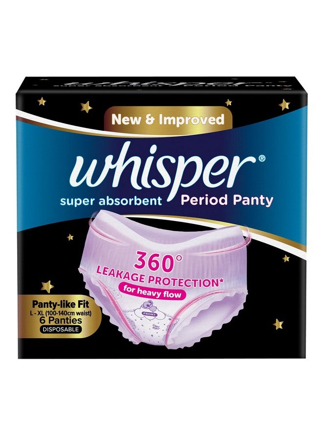 Whisper Super Absorbent Period Panty, 6 L-Xl Pants, 360 Degree Leakage Protection For Heavy Flow, Panty Like Fit For Full Back Coverage, Absorbs Heavy Gushes, Silky Soft, Comfortable Feel-Women  - Image 1