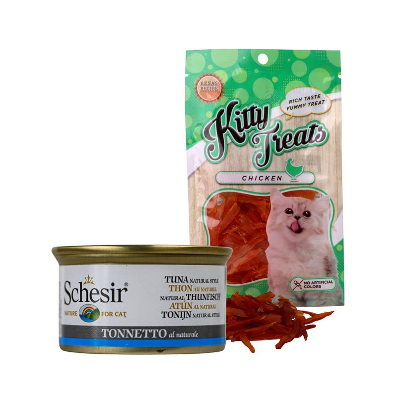 Schesir طعام رطب للقطط من شيسير بنكهة التونة الطبيعية (85 جرام) + مكافآت كيتى دجاج طري (30 جرام) مجموعة وجبة ومكافأة غنية بالبروتين بمكونات حقيقية لذيذة ومغذية ولا تقاوم للقطط - Image 1