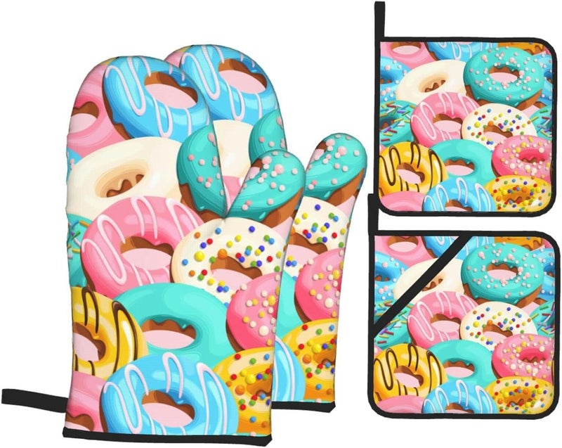 Echoserein Cute Donut Doughnut Oven Mitts and Pot Holders Set of 4 Oven Mittens and Potholders Heat Resistant Gloves for Kitchen Cooking Baking Grilling BBQ - Image 1