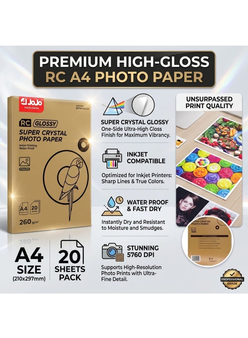 JOJO A4 Glossy Resin-Coated Photo Paper for Inkjet Printers - 260gsm, Waterproof, Super Crystal Glossy, 20 Sheets - Image 3