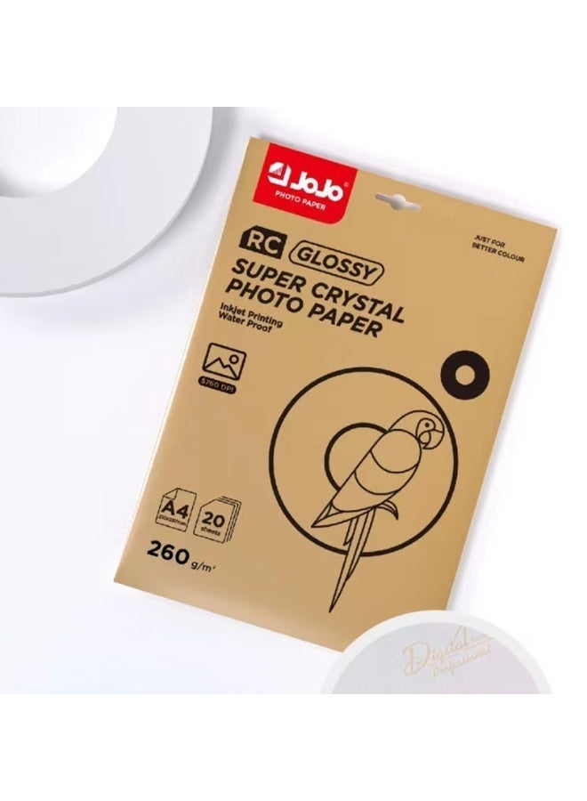 JOJO A4 Glossy Resin-Coated Photo Paper for Inkjet Printers - 260gsm, Waterproof, Super Crystal Glossy, 20 Sheets - Image 1