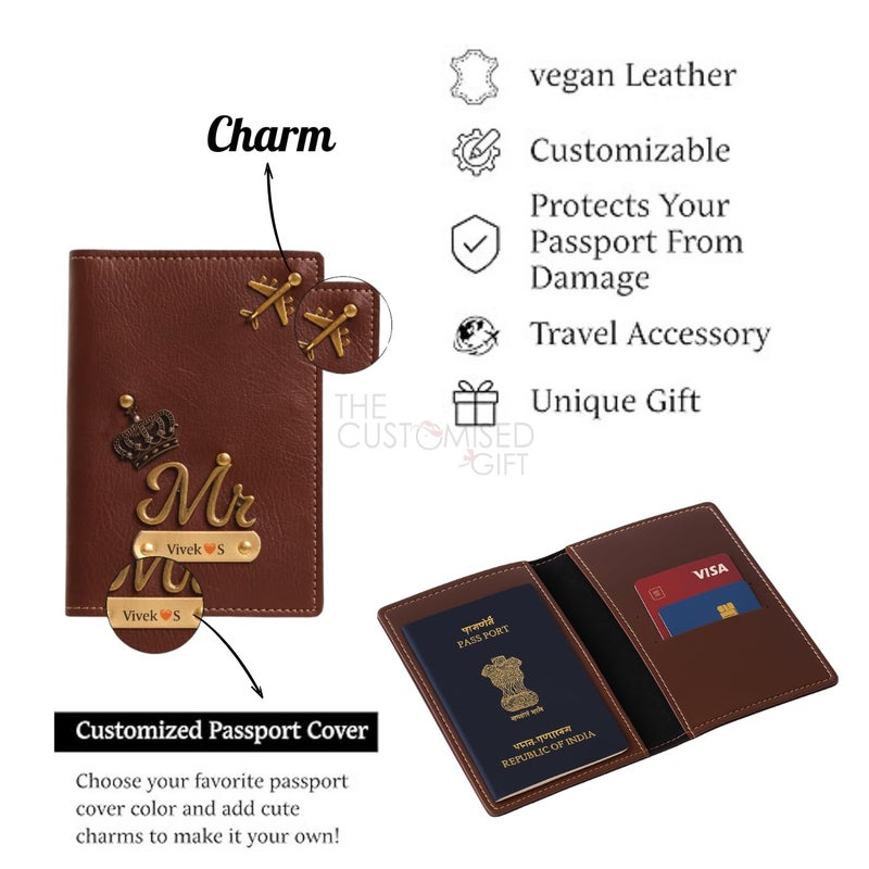 THE CUSTOMISED GIFT مجموعة غلاف جواز سفر مخصصة للسيد والسيدة، جلد بني، ملحقات سفر بتصميم طائرة وزخارف تاج - Image 2