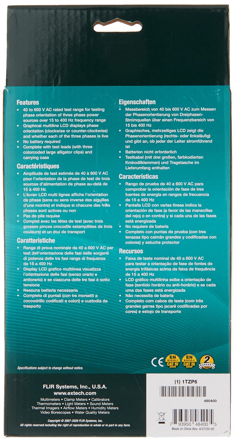 Extech جهاز اختبار تسلسل الطور Extech 480400 مع مؤشرات LED - يكشف عن اتجاه الطور، دوران المحرك، حالة السلك الحي - أداة كهربائية مدمجة، متينة، مصنفة CAT III 600V - Image 3