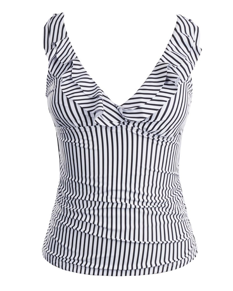 Yonique Women's Tankini Top Only Tummy Control Bathing Suit Top Ruffle Swimsuit Top V Neck Swim Tank Top No Bottom Black and White Striped XL - Image 1