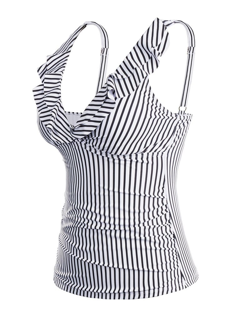Yonique Women's Tankini Top Only Tummy Control Bathing Suit Top Ruffle Swimsuit Top V Neck Swim Tank Top No Bottom Black and White Striped XL - Image 3
