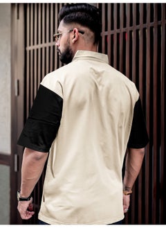 Maniac Maniac Men Printed Polo Neck 3/4th Sleeve Biscuit Cotton Oversized T-Shirt  - Image 3