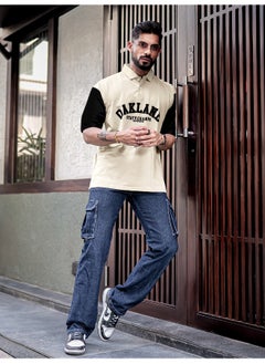 Maniac Maniac Men Printed Polo Neck 3/4th Sleeve Biscuit Cotton Oversized T-Shirt  - Image 5