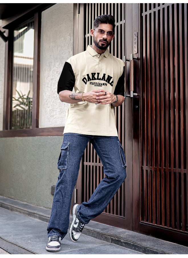 Maniac - Maniac Men Printed Polo Neck 3/4th Sleeve Biscuit Cotton Oversized T-Shirt - Image 1