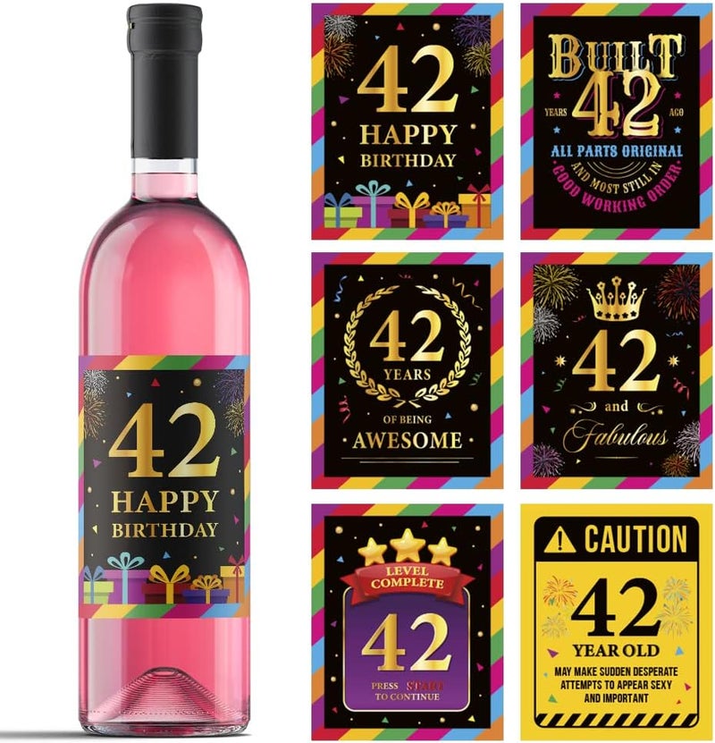 Paintio 42nd Birthday Wine Labels - Wine Bottle Stickers Birthday Supplies for 42 Years Old Happy Birthday Party - Gift Idea for Birthday Anniversary - 42nd Birthday Party Decorations [Set of 6] - Image 1