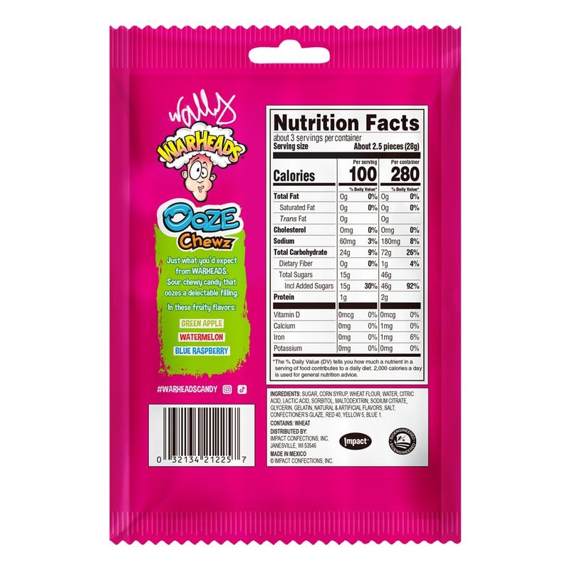WARHEADS Ooze Chewz Ropes - Chewy Candy Ropes with Sour Filling - Watermelon, Blue Raspberry & Green Apple Flavors - 3 oz. Bag - Image 2