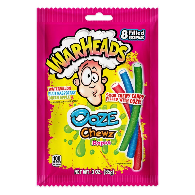WARHEADS Ooze Chewz Ropes - Chewy Candy Ropes with Sour Filling - Watermelon, Blue Raspberry & Green Apple Flavors - 3 oz. Bag - Image 1