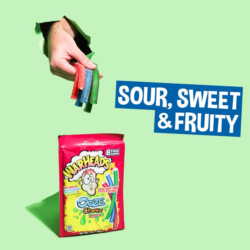 WARHEADS Ooze Chewz Ropes - Chewy Candy Ropes with Sour Filling - Watermelon, Blue Raspberry & Green Apple Flavors - 3 oz. Bag - Image 4