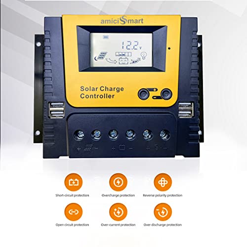 amiciSmart Solar Charge Controller, 4-Stage Intelligent Lithium Battery Regulator for Solar Panel with LCD Display USB Port 12V/24V/36V/48V, 3.12kW (60A) - Image 4