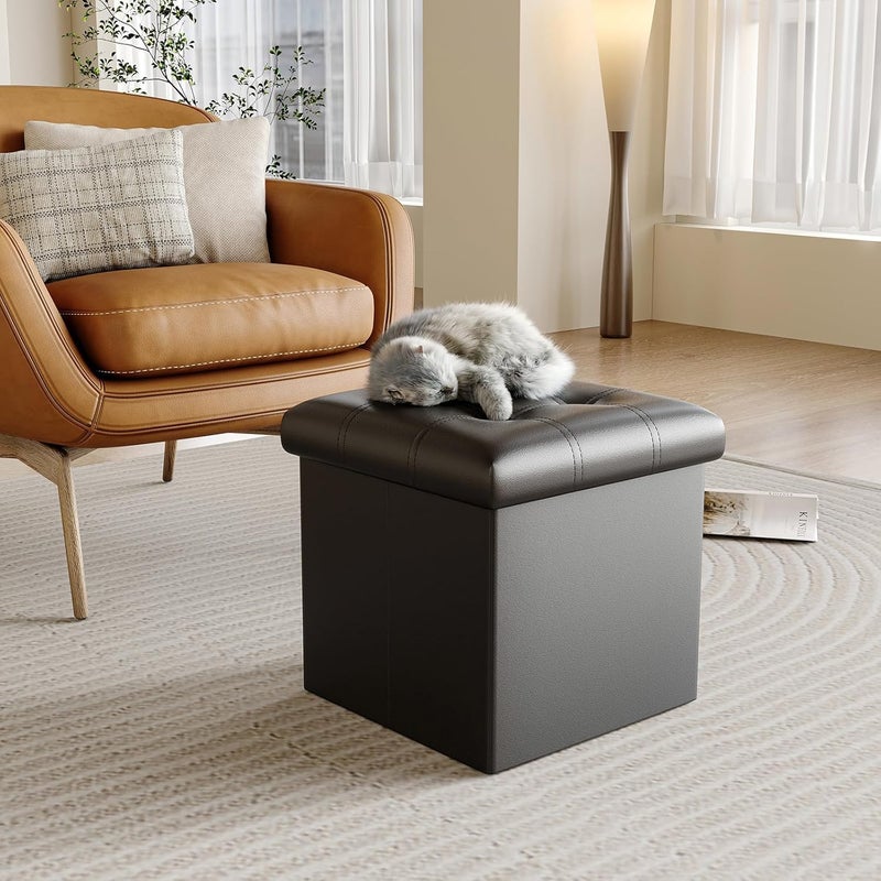 TMOHRA Storage Stool,Foldable Storage Ottoman Box Footrest Step Stool,Padded Seat for Dorm Living Room,Versatile Space-Saving Storage Toy Box,for Bedroom,Support 300lbs (Black S) - Image 2