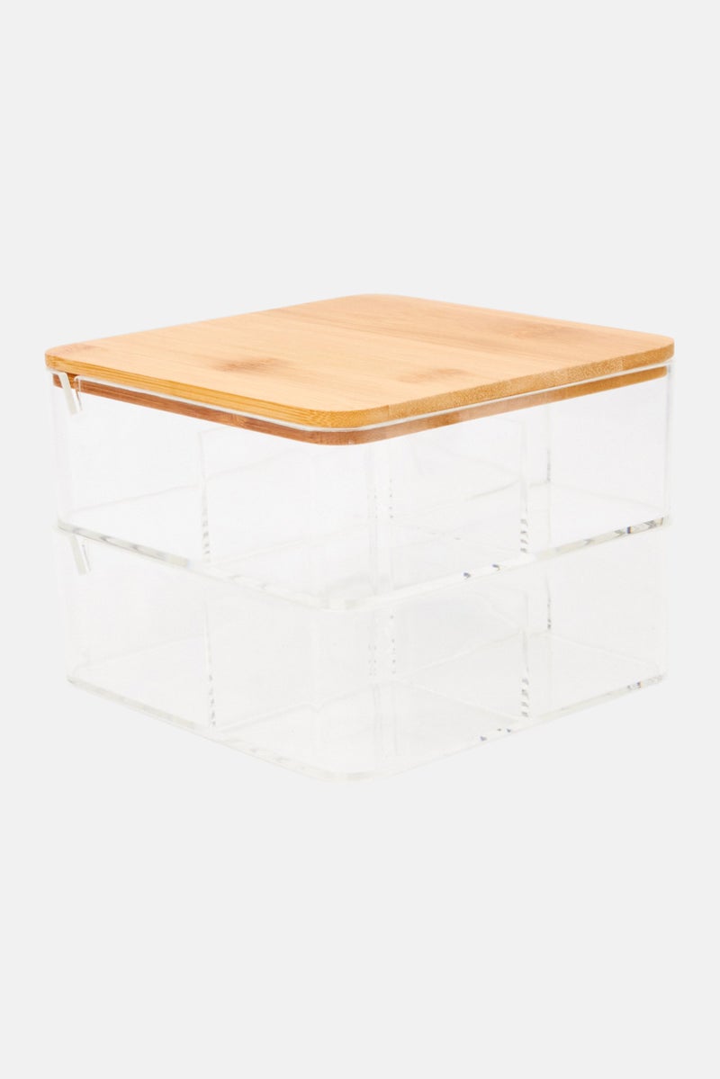 Oasis Home 2 Tier Compact Organizer With Mirror And Bamboo Lid, Transparent - Image 2