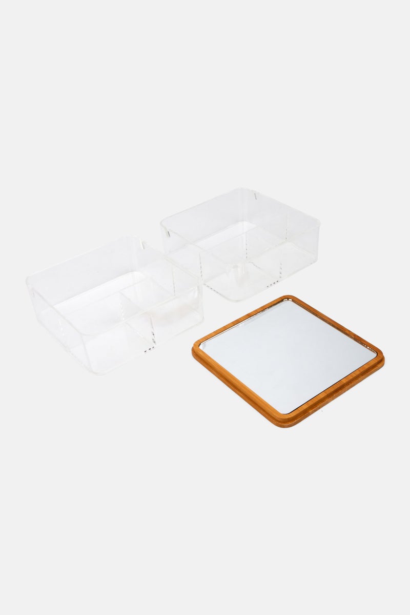 Oasis Home 2 Tier Compact Organizer With Mirror And Bamboo Lid, Transparent - Image 3