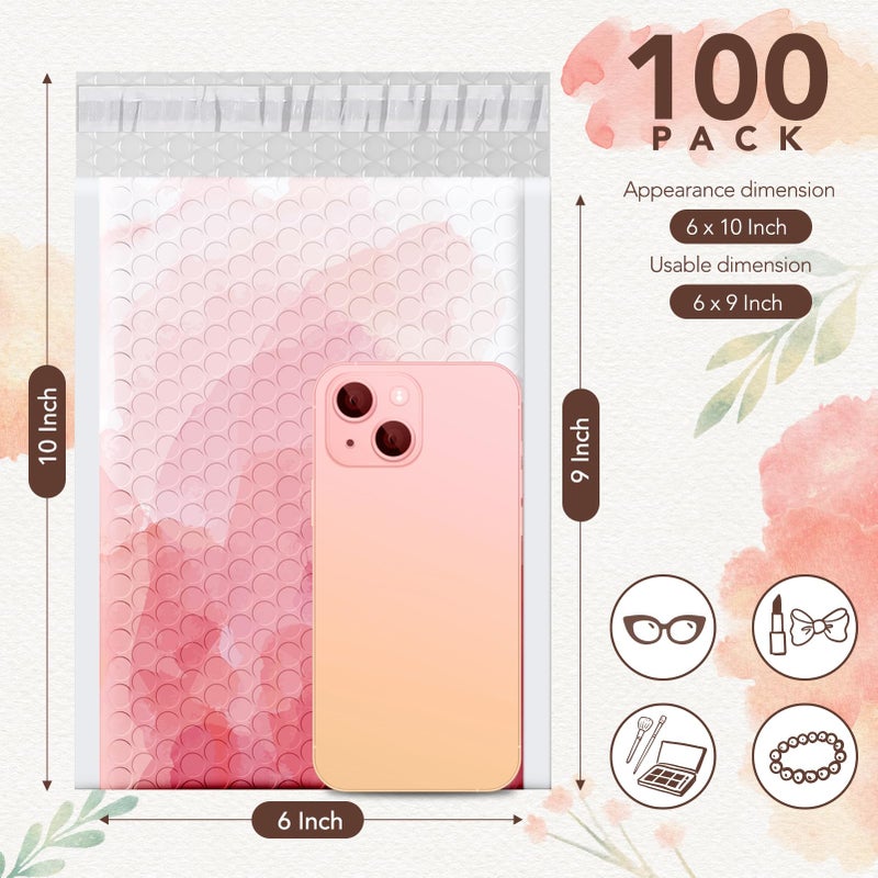 Fuxury Bubble Mailers 6x10" Pink Watercolor Padded Envelopes 100 Pack Usable Size 6x9" Bubble Envelopes Strong Adhesion Padded Mailers Thick Waterproof Shipping Envelops for Mailing Jewelry Makeup #0 - Image 2