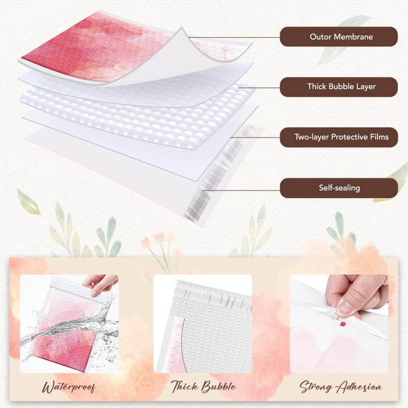 Fuxury Bubble Mailers 6x10" Pink Watercolor Padded Envelopes 100 Pack Usable Size 6x9" Bubble Envelopes Strong Adhesion Padded Mailers Thick Waterproof Shipping Envelops for Mailing Jewelry Makeup #0 - Image 3