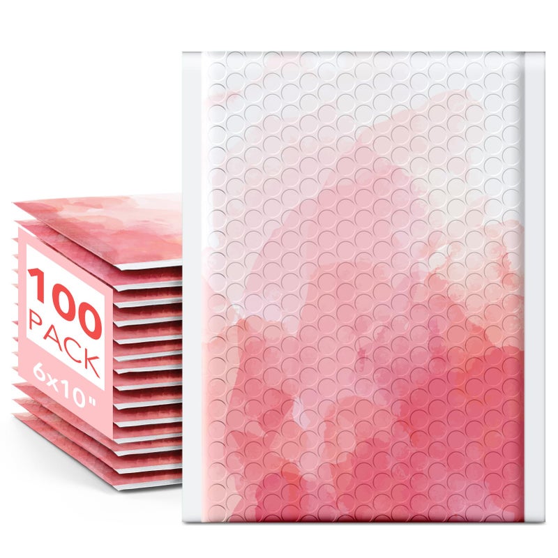 Fuxury Bubble Mailers 6x10" Pink Watercolor Padded Envelopes 100 Pack Usable Size 6x9" Bubble Envelopes Strong Adhesion Padded Mailers Thick Waterproof Shipping Envelops for Mailing Jewelry Makeup #0 - Image 1