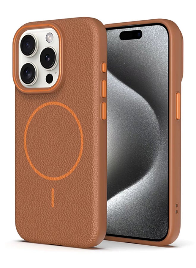 Magsafe Phone Case For iPhone 13 Pro Max With High Quality Rubber Frame And Slim Lychee Pattern Leather Case with Camera Lens Protection Shockproof Cover And support wireless Charging Leather Cover for iPhone 13 Pro Max - Brown - Image 1