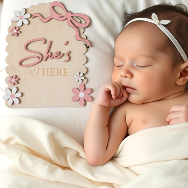 Baby Announcement Sign 17.5*14.7*0.9cm Double-Sided Pink - Personalizable Keepsake Hello World Sign for Newborn Photography, Hospital Announcements, Baby Girl Celebrations - Image 4