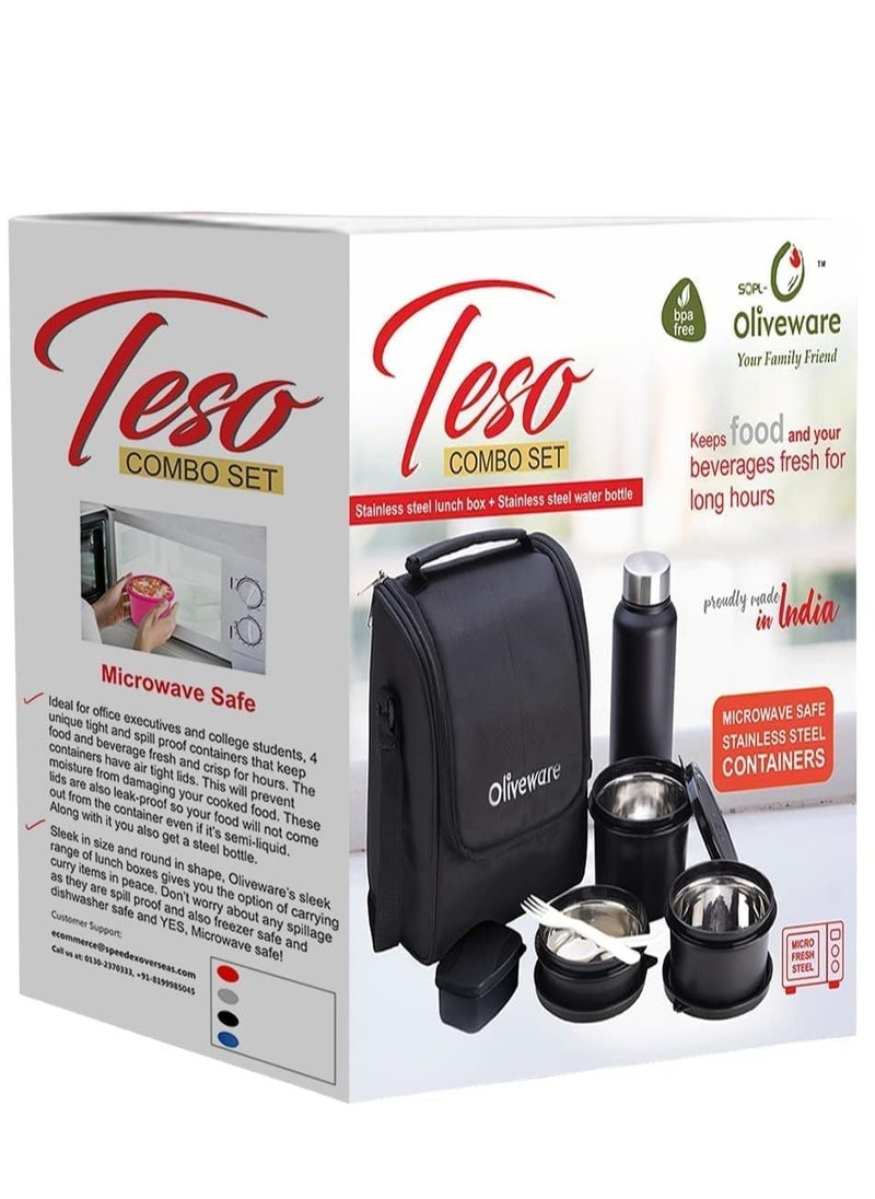 oliveware - SOPL OLIVEWARE Teso Pro Lunch Box | 3 Stainless Steel Containers | Plastic Pickle Box | Steel Spoon & Fork | Insulated Fabric Bag | Leak Proof | Microwave Safe | Full Meal | Easy to Carry (Black) - Image 1