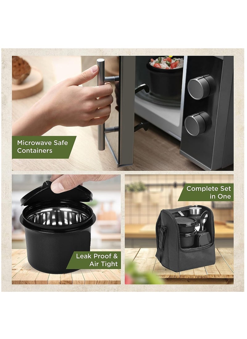 oliveware - SOPL OLIVEWARE Teso Pro Lunch Box | 3 Stainless Steel Containers | Plastic Pickle Box | Steel Spoon & Fork | Insulated Fabric Bag | Leak Proof | Microwave Safe | Full Meal | Easy to Carry (Black) - Image 1