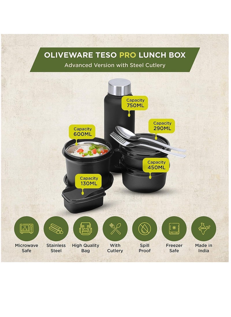 oliveware - SOPL OLIVEWARE Teso Pro Lunch Box | 3 Stainless Steel Containers | Plastic Pickle Box | Steel Spoon & Fork | Insulated Fabric Bag | Leak Proof | Microwave Safe | Full Meal | Easy to Carry (Black) - Image 1