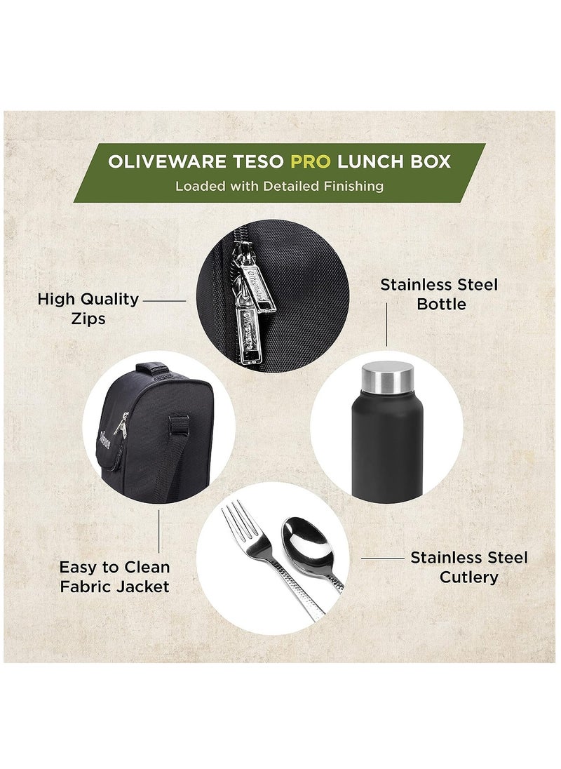 oliveware - SOPL OLIVEWARE Teso Pro Lunch Box | 3 Stainless Steel Containers | Plastic Pickle Box | Steel Spoon & Fork | Insulated Fabric Bag | Leak Proof | Microwave Safe | Full Meal | Easy to Carry (Black) - Image 1