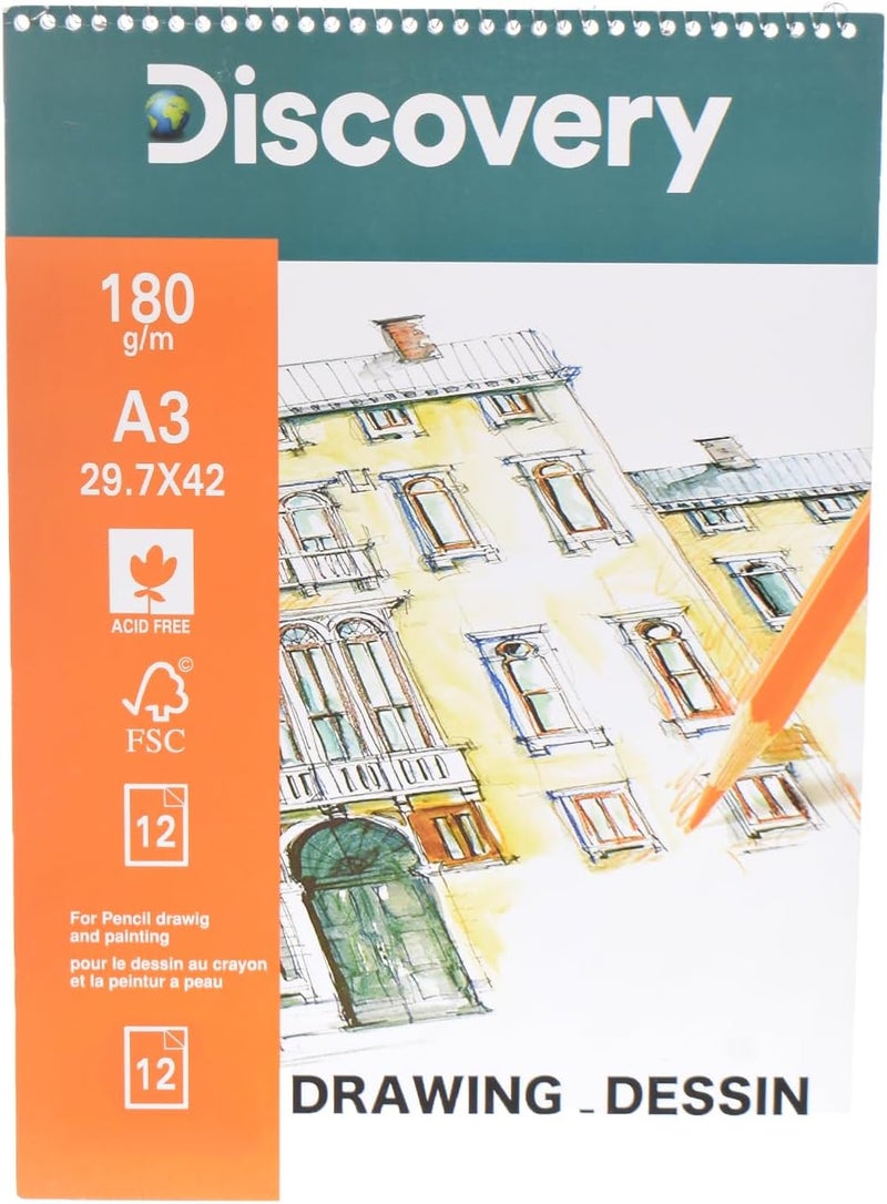 Discovery 19802 High Quality Spiral Drawing Sketch A3 With Adorable design 12 Sheets White Paper 29.7 * 42cm 180gm For Craft, School and Office - Multicolor