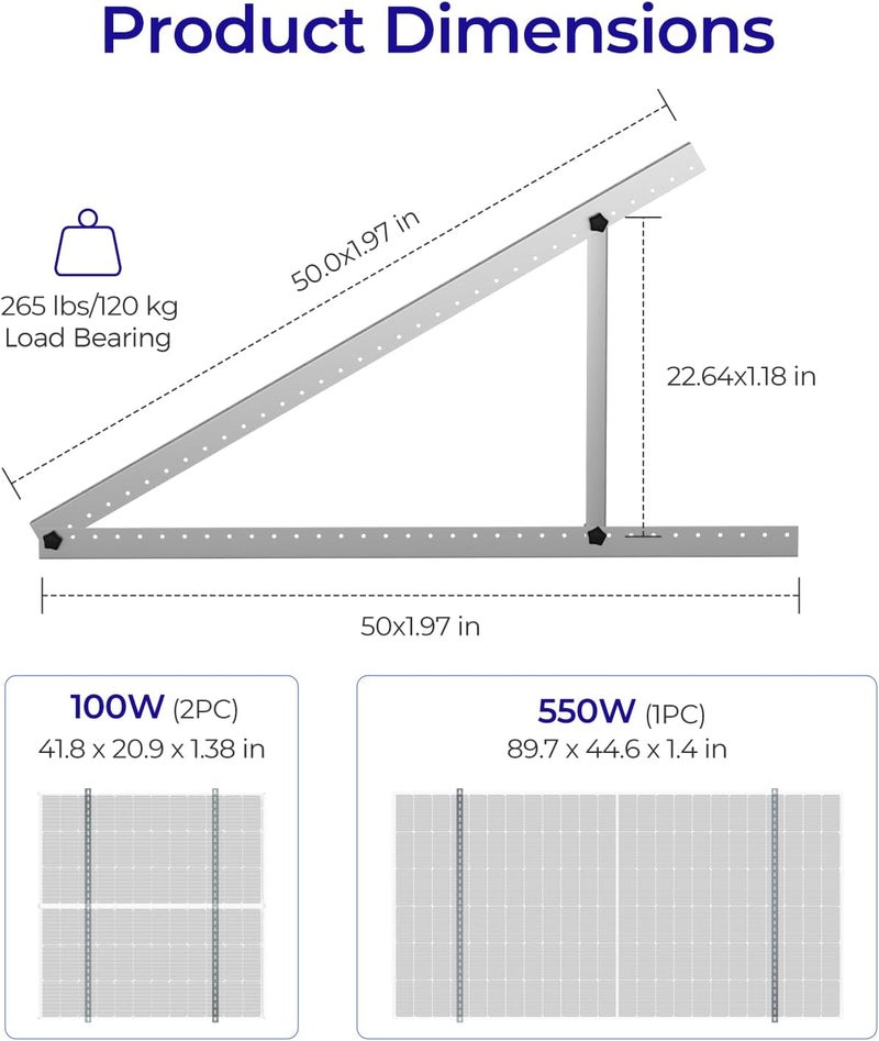 Renogy 50in Adjustable Solar Panel Mount Brackets with Foldable Tilt Legs on Any Flat Surface for RV, Roof, Boat, Supports Up to 320W, Over 160W N-Type Panels or 2 x 100W Panels - Image 2