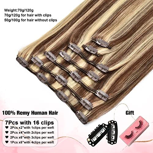 Senmy Clip in Hair Extensions Real Human Hair 16inch 120g 7Pcs Real Human Hair Clip in Extensions P4613 Medium Brown with Blonde Clips in Human Hair - Image 3