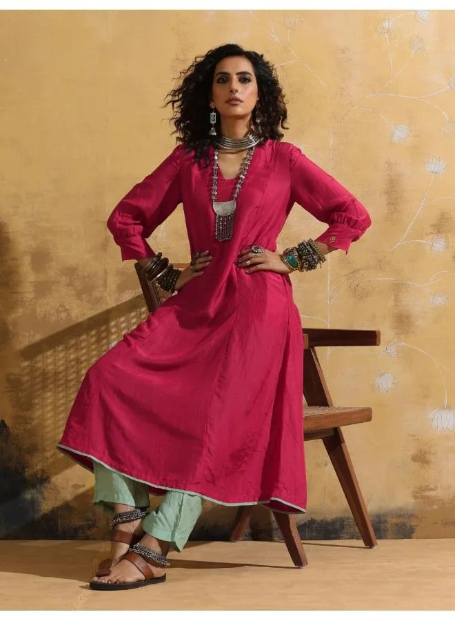 ترو برونز trueBrowns Pink Muslin Silk A-line Kurta Pant Set