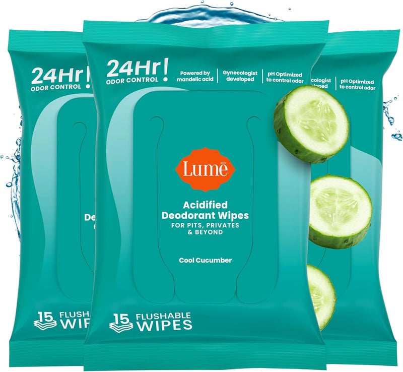 Lume Acidified Deodorant Wipes - 24 Hour Odor Control - Aluminum Free, Baking Soda Free, Skin Loving - 15 Count (Pack of 3) (Cool Cucumber) - Image 1