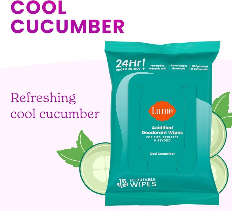 Lume Acidified Deodorant Wipes - 24 Hour Odor Control - Aluminum Free, Baking Soda Free, Skin Loving - 15 Count (Pack of 3) (Cool Cucumber) - Image 5