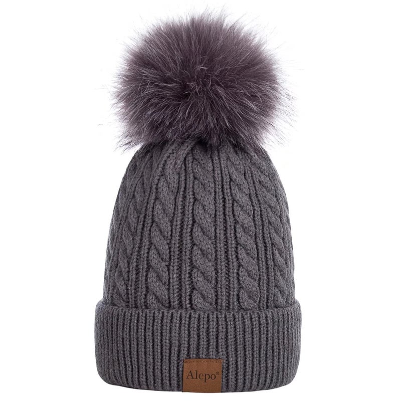 Alepo Womens Winter Beanie Hat, Warm Fleece Lined Knitted Soft Ski Cuff Cap with Pom Pom(Dark Gray) - Image 1