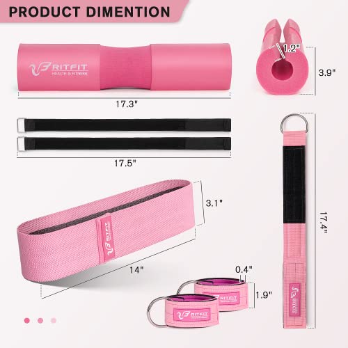 RitFit Upgraded 7 Pack Barbell Squat Pad Set with Resistance Band,2 Safety Straps,2 Gym Ankle Straps and Carry Bag,Workout for Lunges, Hip Thrusts,Protect Neck Shoulder(Pink) - Image 2