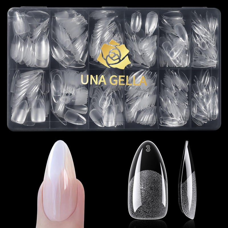 UNA GELLA Almond Gel Nail Tips 600 Pcs Prefiled Almond Nails Full Cover Press On Nails 12 Sizes Half Matte Clear Fake Soft Gel Nail Tips for Extension Home DIY Salon with Box