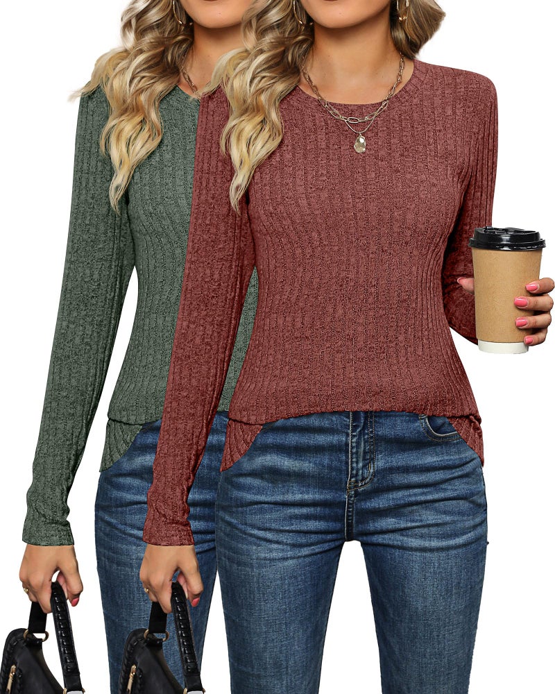 Ficerd 2 Pack Womens Sweaters Fall Long Sleeve Fitted Sweater Cable Knit Light Tunic Tops Crew Neck Shirts 2025 TrendyMediumCaramel Dark Green