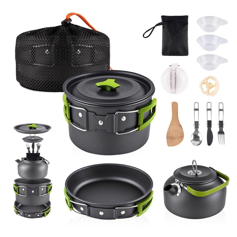 DPCR 14 - Piece Camping Cookware Mess Kit with Spoon Set, Lightweight Nonstick Pot & Pan Set with Spork, Bowls, Knife & Travel Bag, Compact Outdoor Cooking Gear for Backpacking, Hiking, Scouts - Image 1