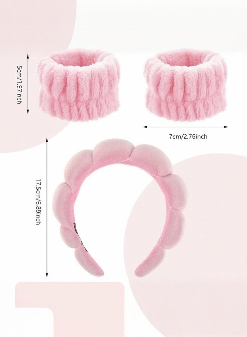 Spa Headband for Washing Face Wristband Set Sponge Makeup Skincare Headband Terry Cloth Bubble Soft Get Ready Hairband Women Girl Puffy Padded Headwear Non Slip Thick Hair Accessory