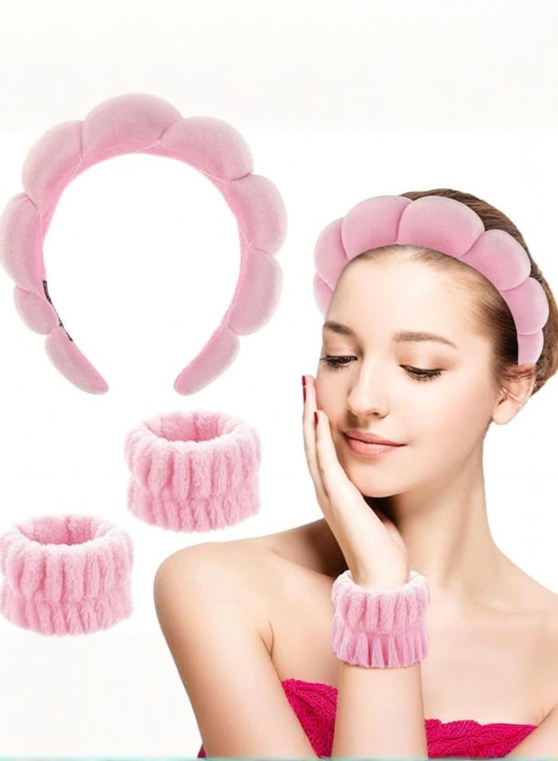 Spa Headband for Washing Face Wristband Set Sponge Makeup Skincare Headband Terry Cloth Bubble Soft Get Ready Hairband Women Girl Puffy Padded Headwear Non Slip Thick Hair Accessory