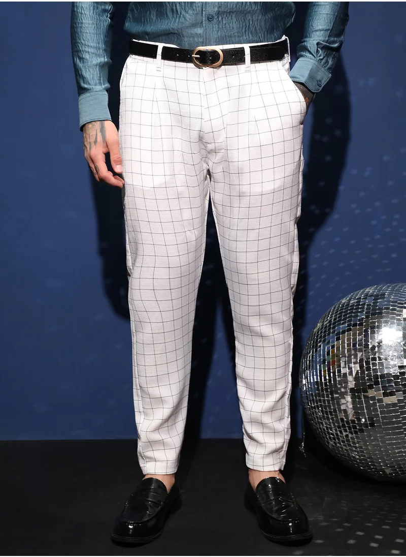 كامبوس سوترا Men's Cream White Graph Tailored Trousers For Casual Wear | Mid-Rise | Regular Fit | Button Closure | Trousers Crafted With Comfort Fit For Everyday Wear