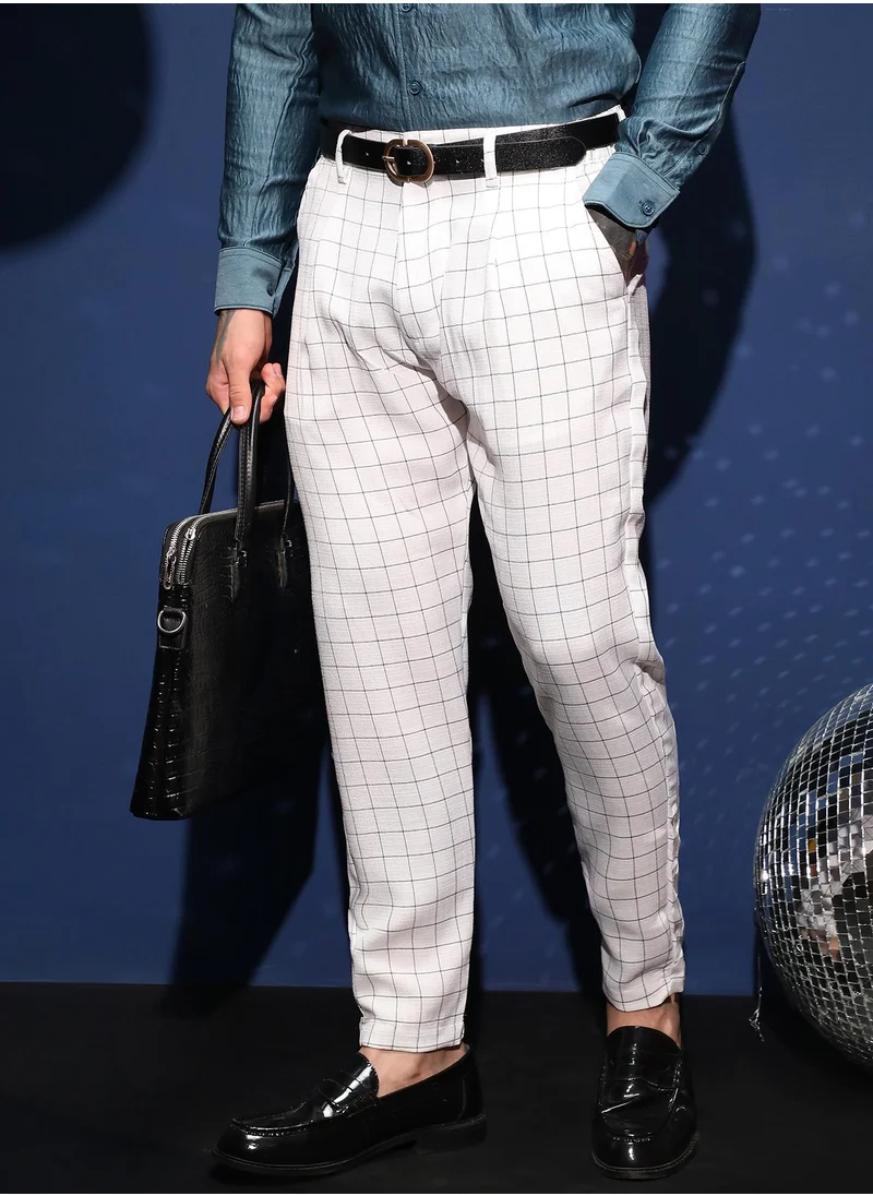 كامبوس سوترا Men's Cream White Graph Tailored Trousers For Casual Wear | Mid-Rise | Regular Fit | Button Closure | Trousers Crafted With Comfort Fit For Everyday Wear